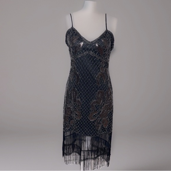 vintage Dresses & Skirts - Vintage Flapper Black Beaded Fringe Dress | Size 8